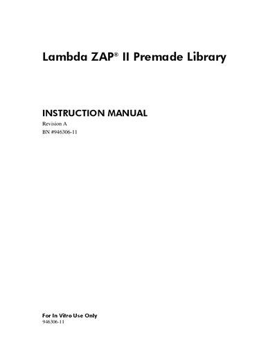 Stratagene Lambda ZAP II Premade Library Instruction Manual - cover page