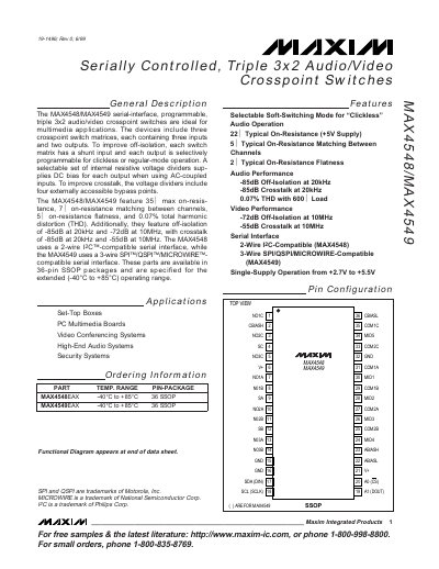 Maxim MAX4548/MAX4549 Serially Controlled Triple 3x2 Audio/Video Crosspoint Switches Datasheet - cover page