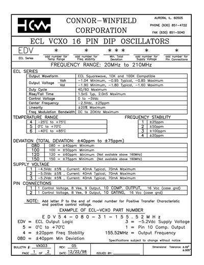 Connor-Winfield ECL VCXO 16 Pin DIP Oscillators Datasheet - cover page