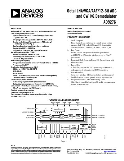 Analog Devices AD9276 Octal LNA/VGA/AAF/12‑Bit ADC & I/Q Demodulator Datasheet - cover page