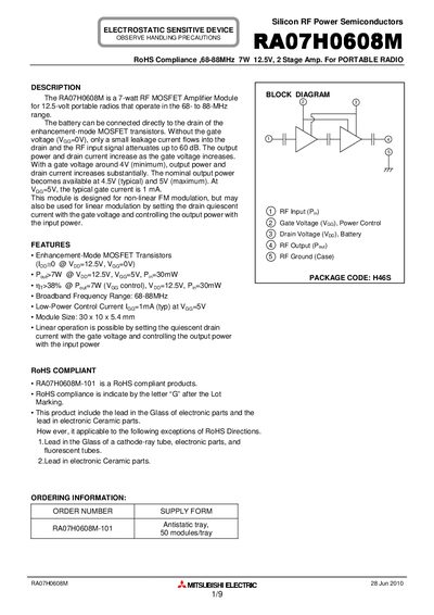 Mitsubishi Electric RA07H0608M RF Power Amplifier Module Datasheet - cover page