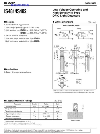 Sharp IS481/IS482 OPIC Light Detector Datasheet - cover page