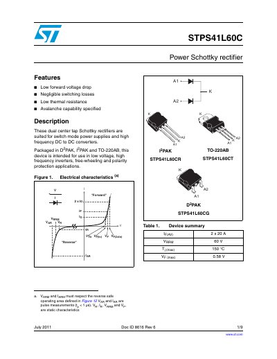 STMicroelectronics STPS41L60C Power Schottky Rectifier Datasheet