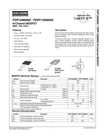 Fairchild FDP12N60NZ / FDPF12N60NZ UniFET-N-Channel MOSFET Datasheet - cover page
