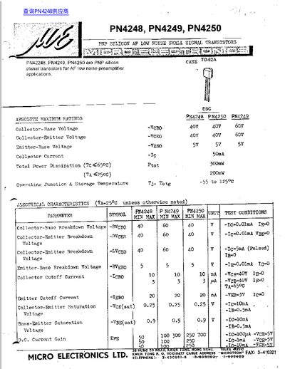 Micro Electronics PN4248/PN4249/PN4250 PNP Silicon Transistor Datasheet - cover page