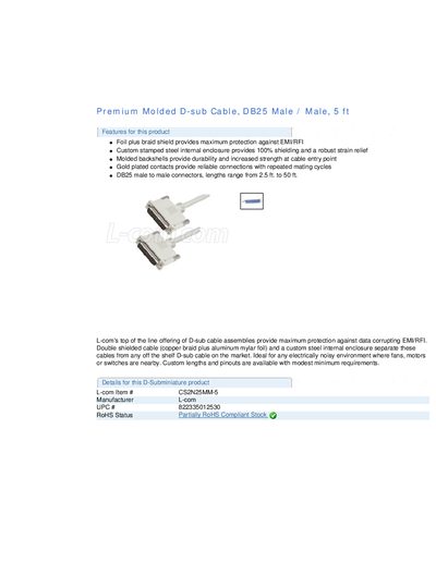 L-com CS2N25MM-5 DB25 Male‑Male D‑Sub Cable Product Leaflet - cover page