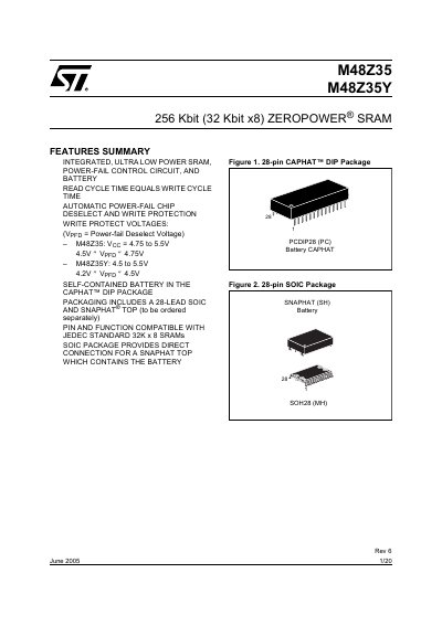 STMICROELECTRONICS M48Z35/M48Z35Y 256 Kbit (32 Kbit x8) ZEROPOWER SRAM handbook