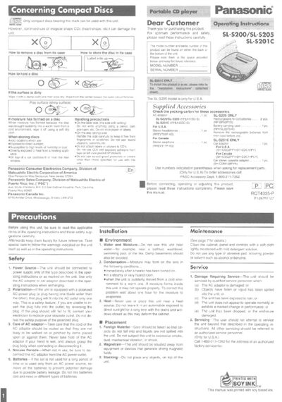 Panasonic SL-S200/SL-S205/SL-S201C User Manual - cover page