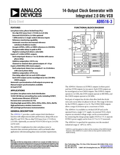 Analog Devices AD9516-3 Clock Generator Datasheet