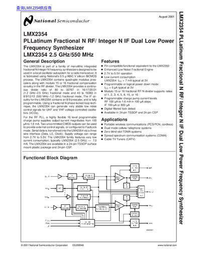 National Semiconductor LMX2354 PLLatinum Fractional N RF Frequency Synthesizer Datasheet - cover page