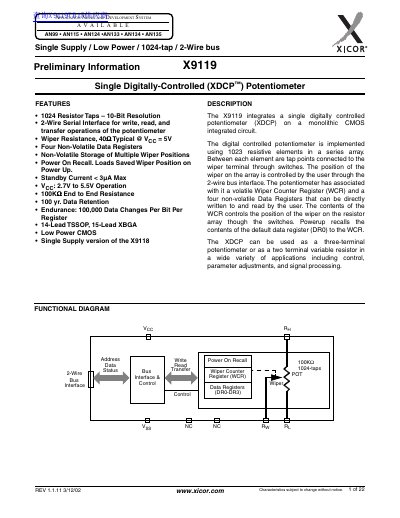 Xicor X9119 Single Digitally-Controlled Potentiometer Datasheet - cover page