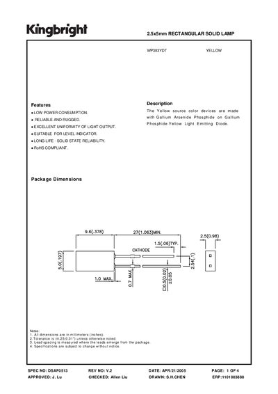 Kingbright WP383YDT Yellow 2.5x5mm Rectangular Solid Lamp Datasheet