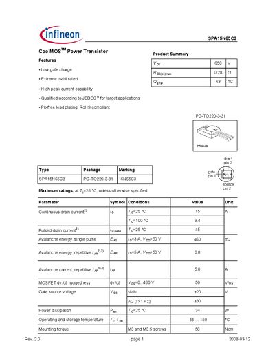 Infineon SPA15N65C3 CoolMOS Power Transistor Datasheet - cover page