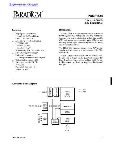 Paradigm PDM31516 Static RAM Datasheet - cover page