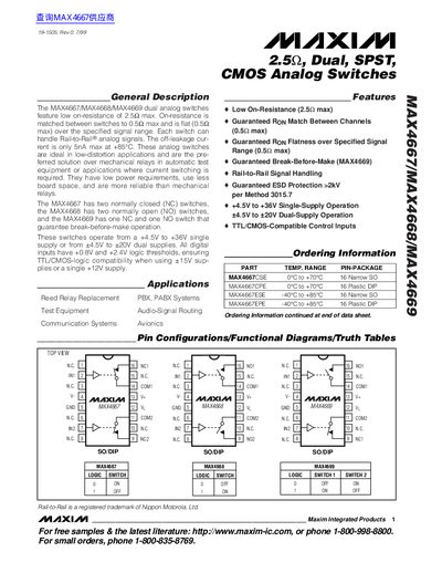Maxim MAX4667/MAX4668/MAX4669 CMOS Analog Switches Datasheet