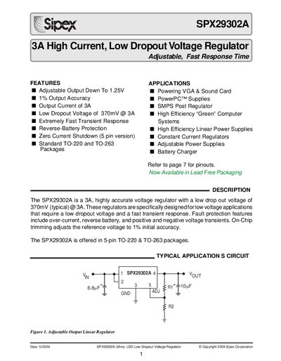 Sipex SPX29302A 3A High Current Low Dropout Voltage Regulator Datasheet - cover page