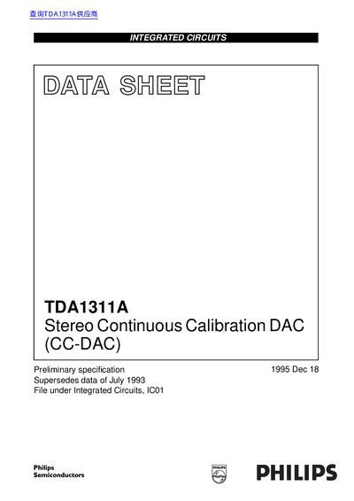 Philips TDA1311A Stereo Continuous Calibration DAC Datasheet - cover page