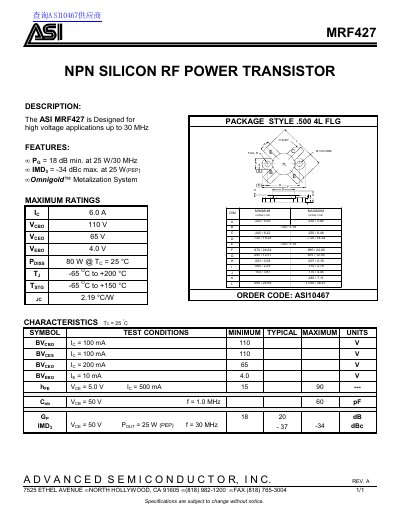 Advanced Semiconductor MRF427 RF Power Transistor Datasheet - cover page