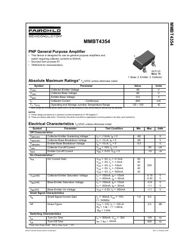 Fairchild Semiconductor MMBT4354 PNP General Purpose Amplifier Datasheet - cover page