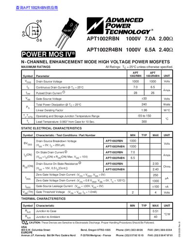 ADVANCED POWER TECHNOLOGY APT1002RBN 1000V 7.0A 2.00 APT1002R4BN 1000V 6.5A 2.40 handbook - cover page