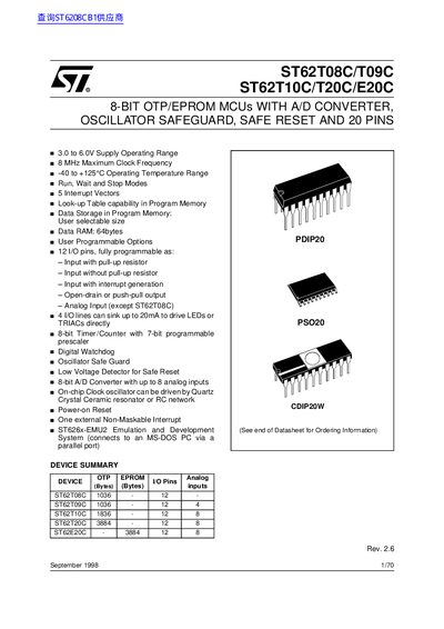 ST ST62T08C/T09C ST62T10C/T20C/E20C handbook - cover page
