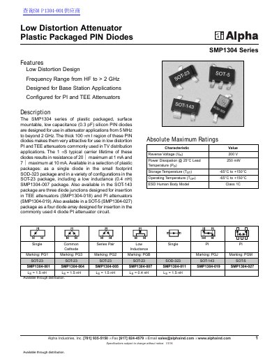 Alpha SMP1304 Series Low Distortion Attenuator PIN Diode Datasheet - cover page