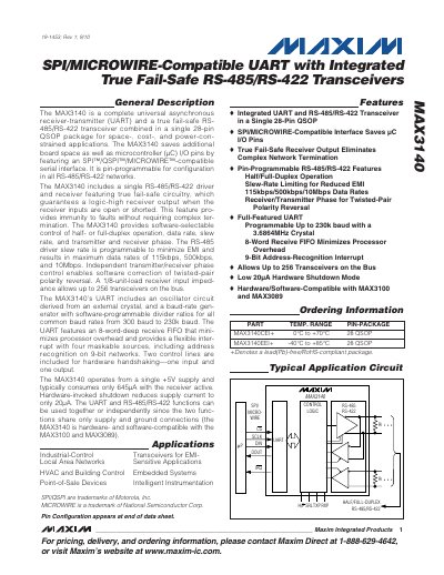 Maxim Integrated MAX3140 UART/RS-485 Transceiver Datasheet - cover page