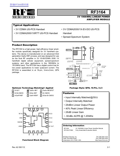 RF Micro Devices RF3164 Linear Power Amplifier Module Datasheet - cover page