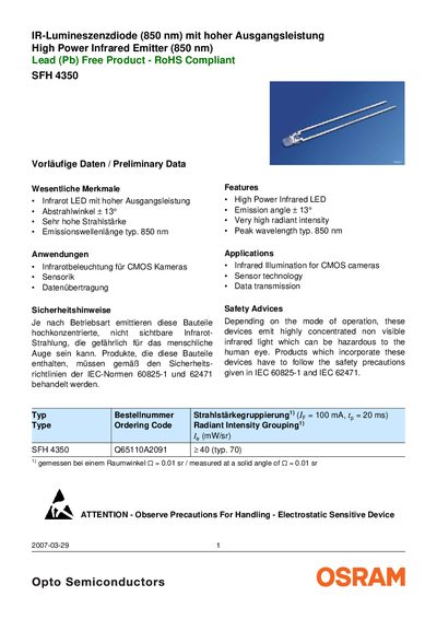 OSRAM SYLVANIA SFH 4350 IR-Lumineszenzdiode (850 nm) mit hoher Ausgangsleistung High Power Infrared Emitter (850 nm) - cover page