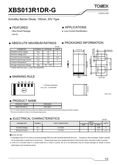 Torex XBS013R1DR-G Schottky Barrier Diode Datasheet - cover page
