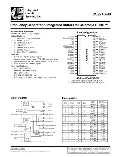Integrated Circuit Systems ICS9248-98 Clock Generator Handbook - cover page
