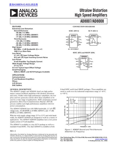Analog Devices AD8007/AD8008 Ultralow Distortion High Speed Amplifiers Datasheet - cover page