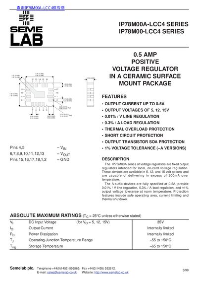 SEME LAB IP78M00A-LCC4 SERIES IP78M00-LCC4 SERIESA 0.5 AMP POSITIVE VOLTAGE REGULATOR IN A CERAMIC SURFACE MOUNT PACKAGE - cover page