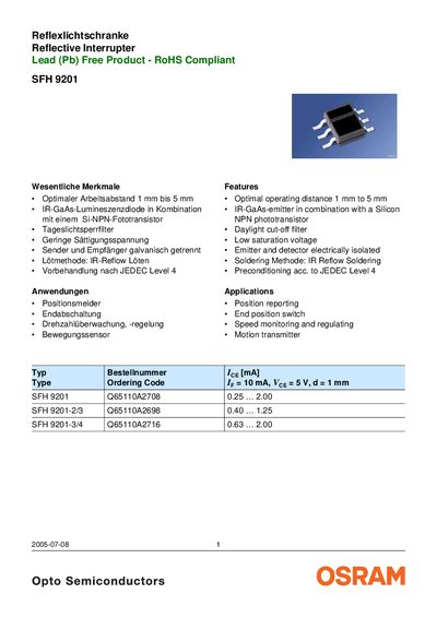 OSRAM SFH 9201 Reflective Interrupter Datasheet - cover page