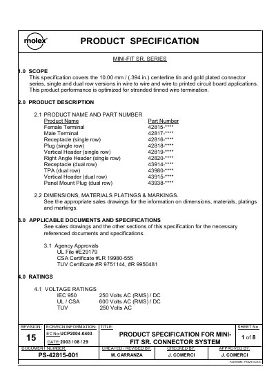 Molex Mini-Fit SR Connector System Product Specification - cover page