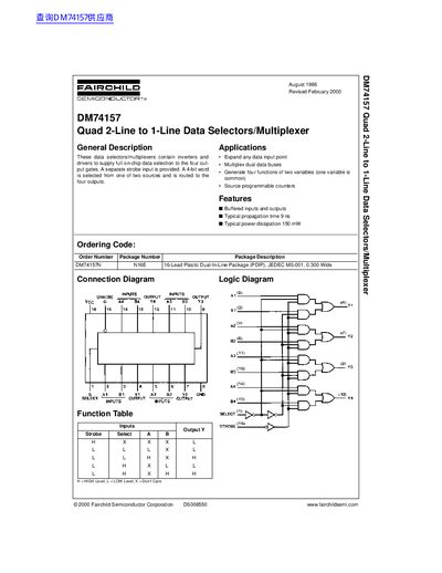 Fairchild DM74157 Quad 2-Line to 1-Line Data Selectors/Multiplexer Datasheet - cover page