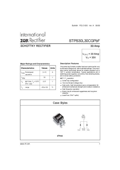 International Rectifier STPS30L30CGPbF Schottky Rectifier Datasheet - cover page