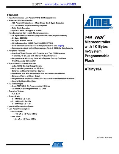 Atmel ATtiny13A Datasheet Handbook - cover page