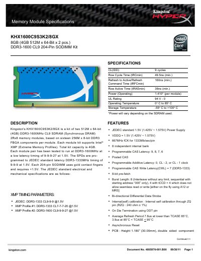 Kingston KHX1600C9S3K2/8GX Memory Module Datasheet - cover page