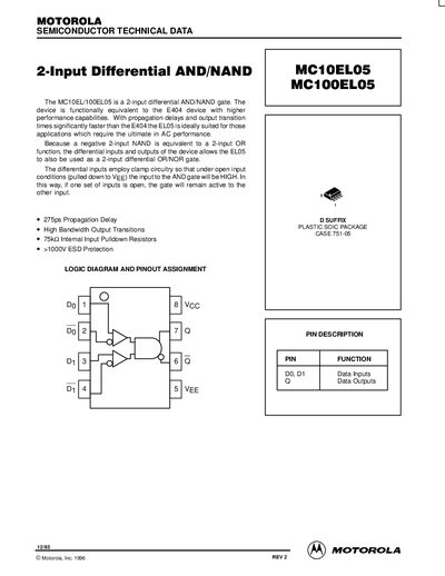Motorola MC10EL05/MC100EL05 2-Input Differential AND/NAND Datasheet - cover page