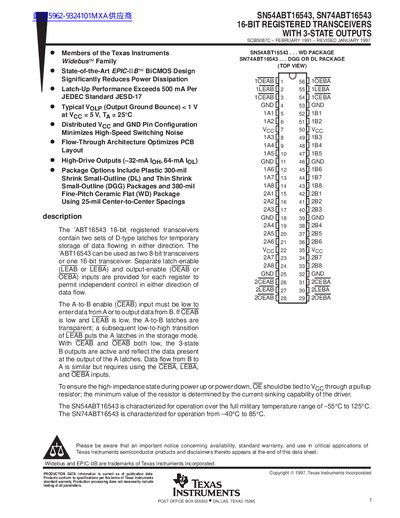 TEXAS INSTRUMENTS SN54ABT16543 SN74ABT16543 16-BIT REGISTERED TRANSCEIVERS WITH 3-STATE OUTPUTS handbook - cover page