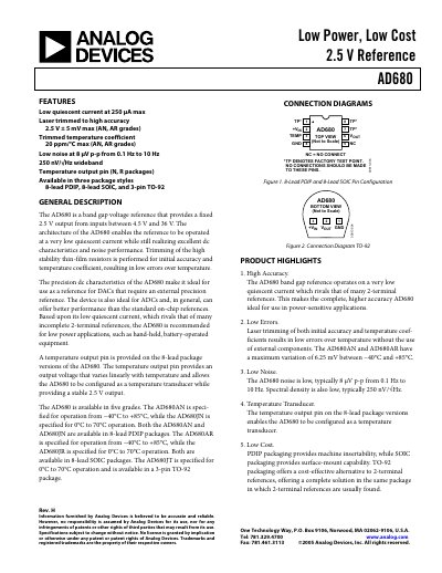 ANALOG DEVICES AD680: Bandgap Low Power 2.5 V Reference Data Sheet (Rev H 2005-08-01-) - cover page