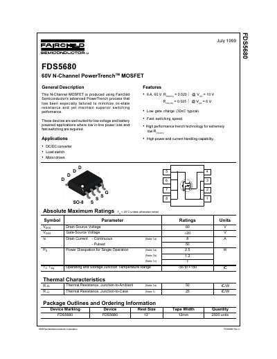 Fairchild Semiconductor FDS5680 N-Channel MOSFET Datasheet - cover page