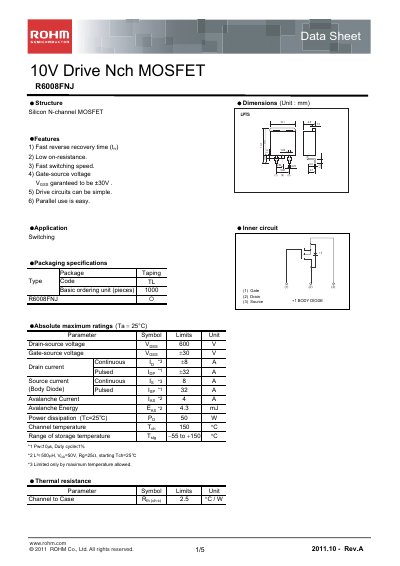 ROHM R6008FNJ Datasheet - cover page
