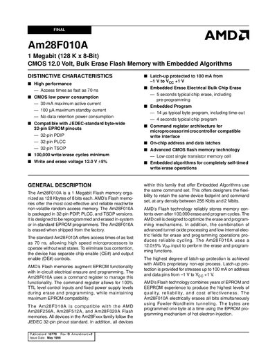 AMD Am28F010A 1 Megabit Flash Memory Datasheet - cover page