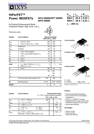 IXYS IXFH26N60/IXFT26N60/IXFK28N60 Power MOSFET Datasheet