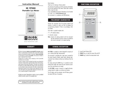 Hanna Instruments HI 97500 Portable Lux Meter Instruction Manual - cover page