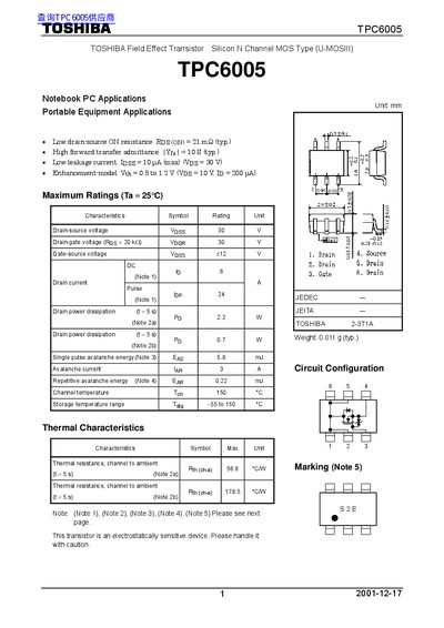 Toshiba TPC6005 MOSFET Datasheet - cover page