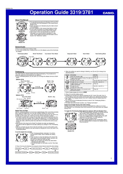 Casio 3319/3781 Watch Operation Guide - cover page