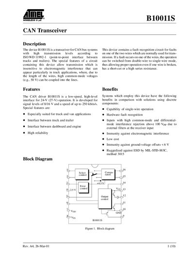 AIMEL B10011S CAN Transceiver Datasheet - cover page